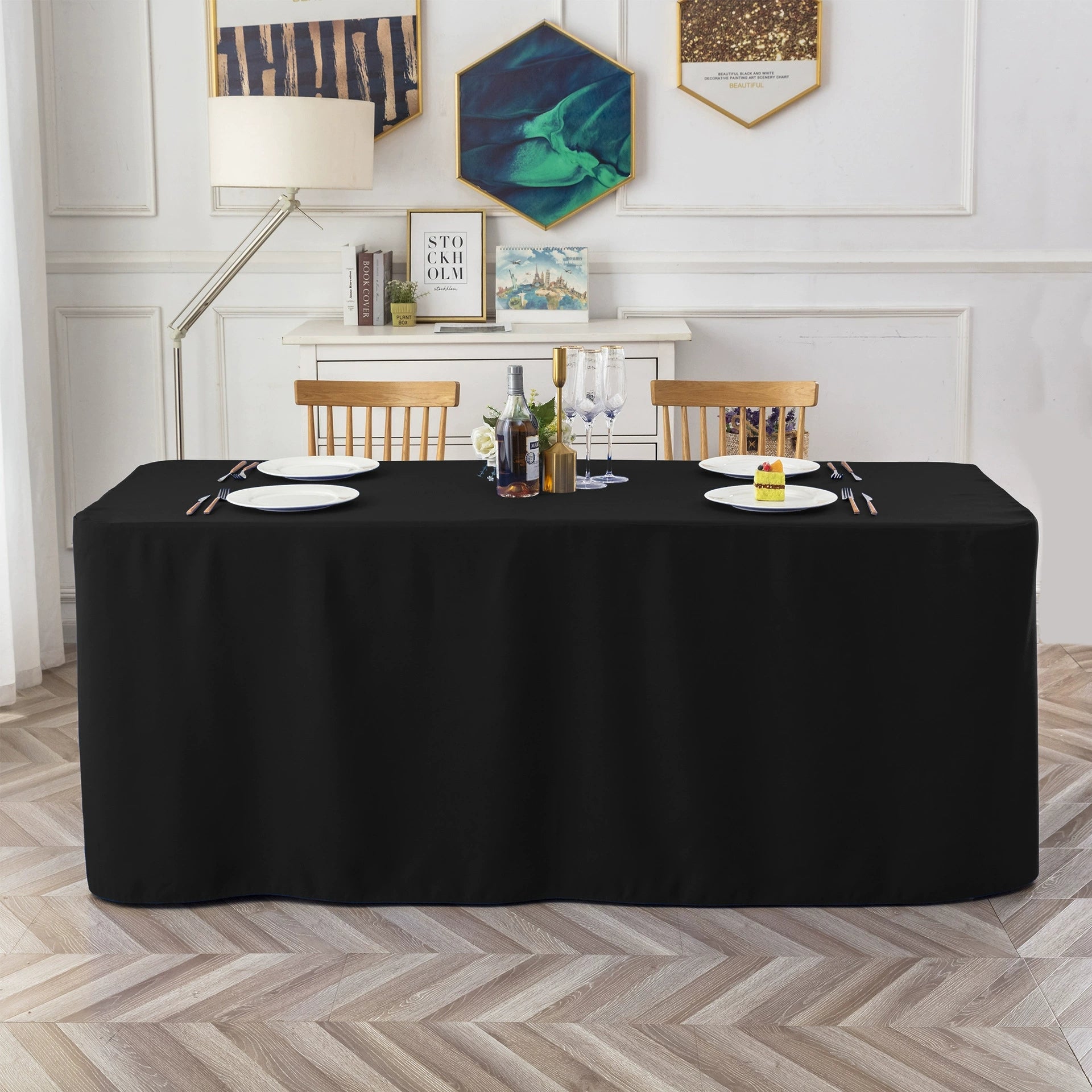 Full-Coverage Rectangular Dining Table - Durable, Washable Fabric - Suitable for Buffets, Parties, Weddings, and Trade Shows.