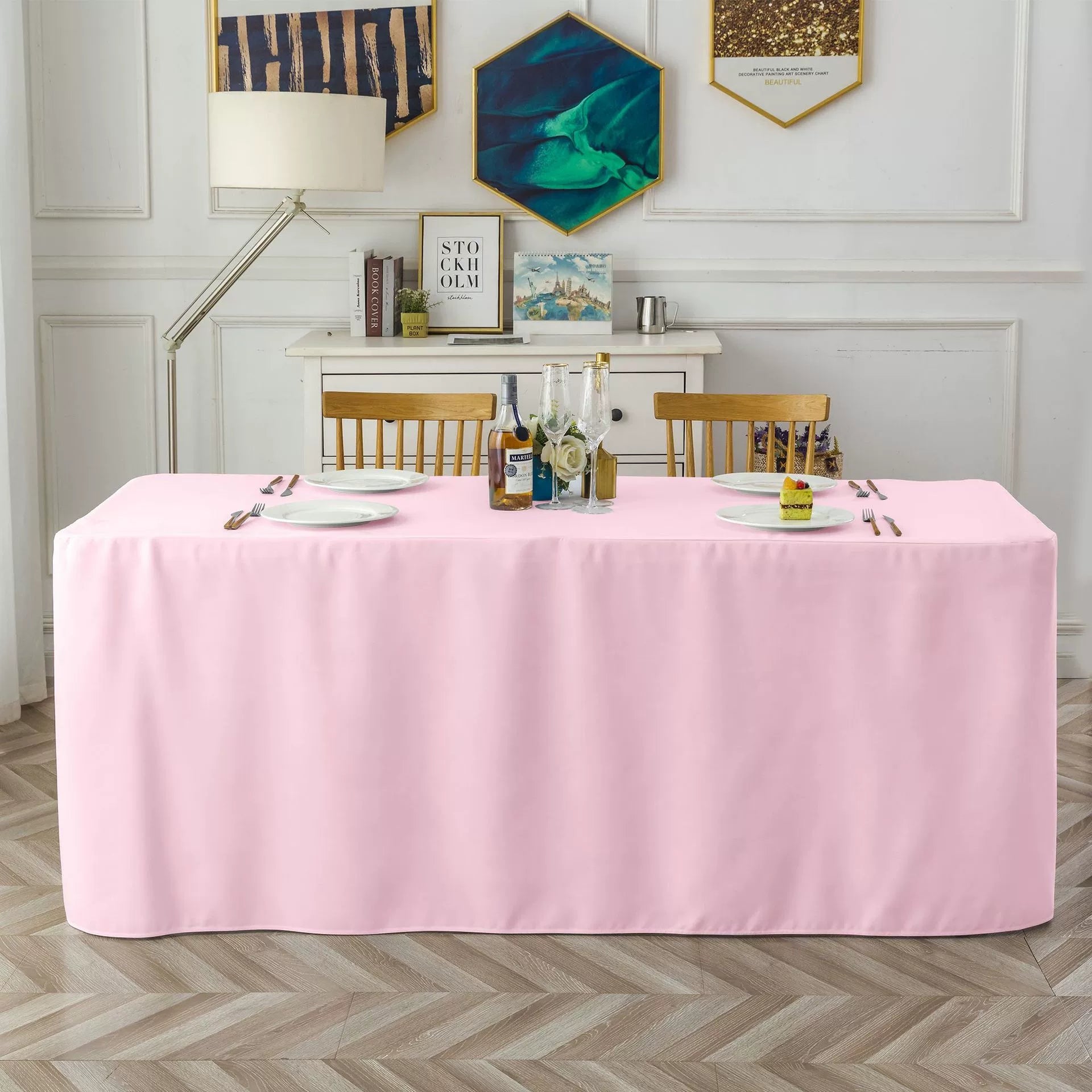 Full-Coverage Rectangular Dining Table - Durable, Washable Fabric - Suitable for Buffets, Parties, Weddings, and Trade Shows.