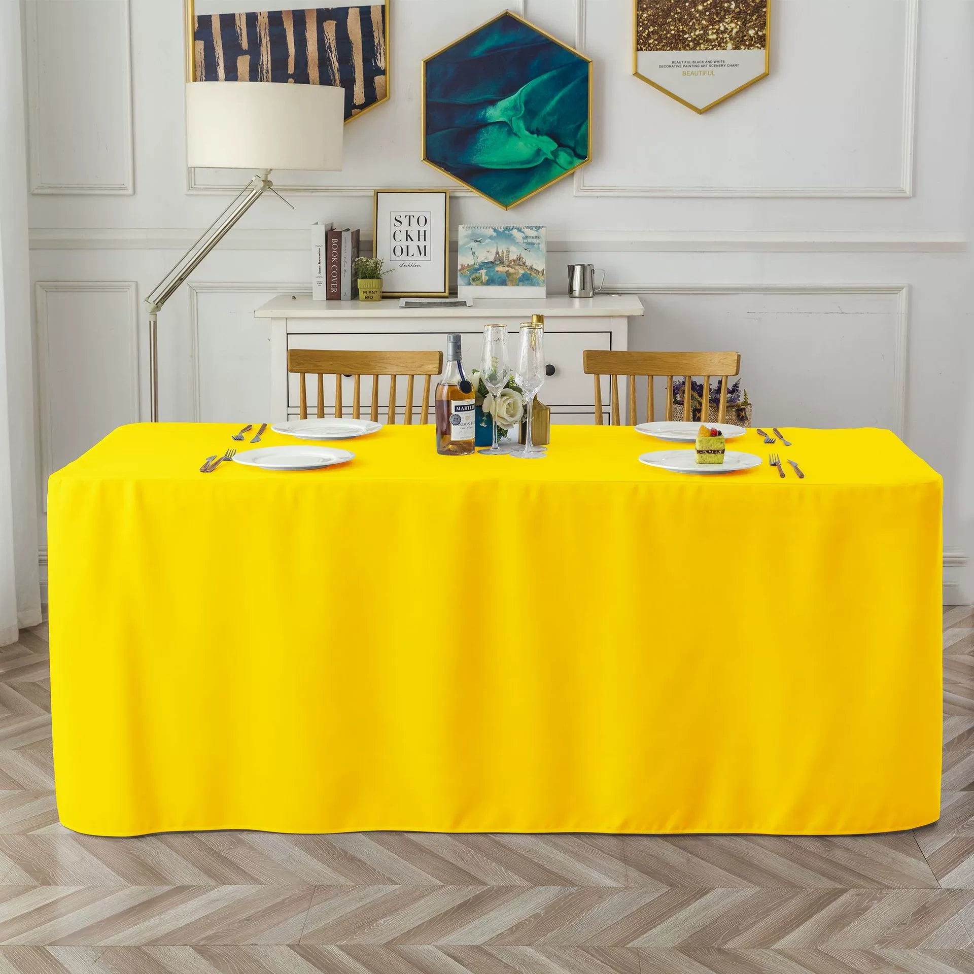 Full-Coverage Rectangular Dining Table - Durable, Washable Fabric - Suitable for Buffets, Parties, Weddings, and Trade Shows.