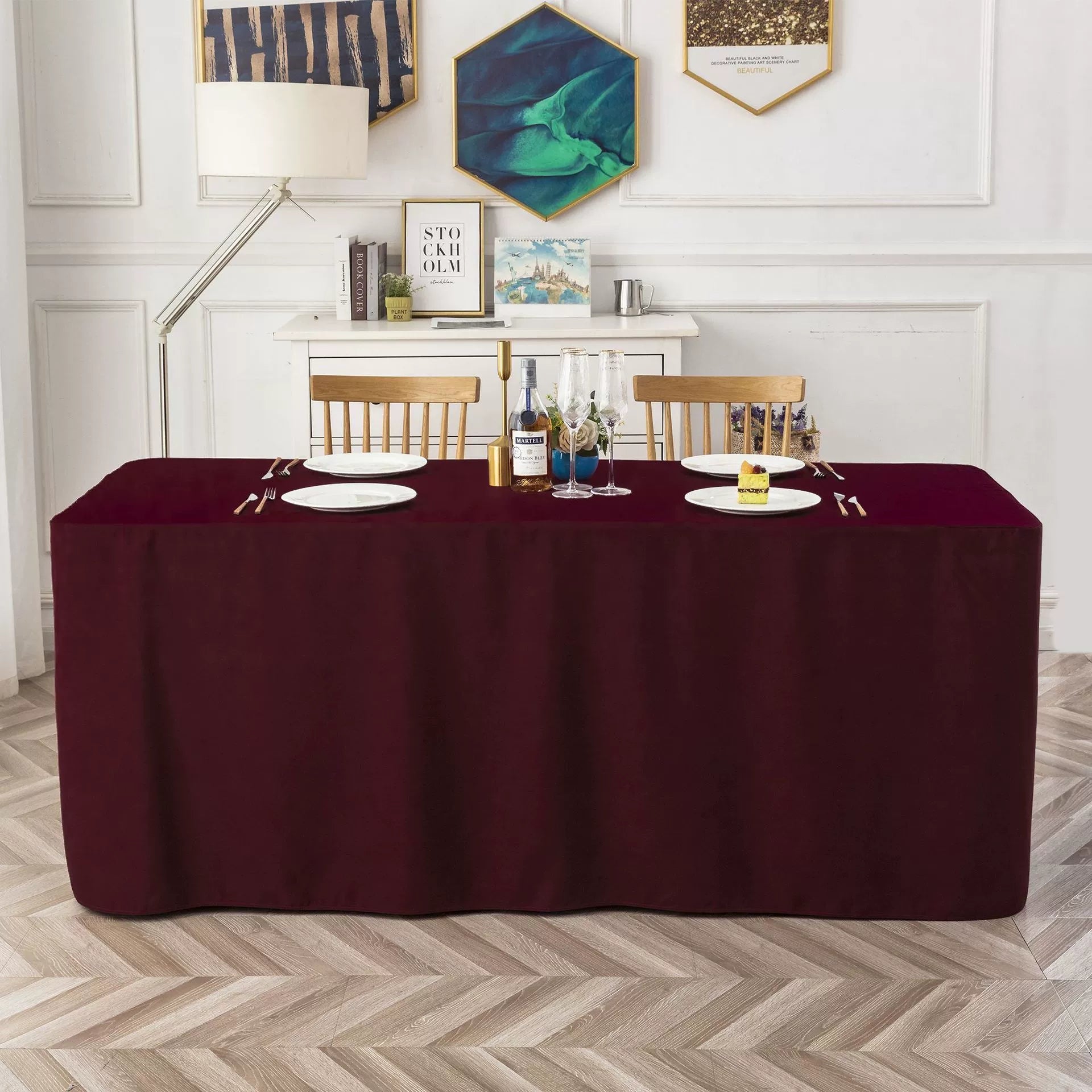 Full-Coverage Rectangular Dining Table - Durable, Washable Fabric - Suitable for Buffets, Parties, Weddings, and Trade Shows.
