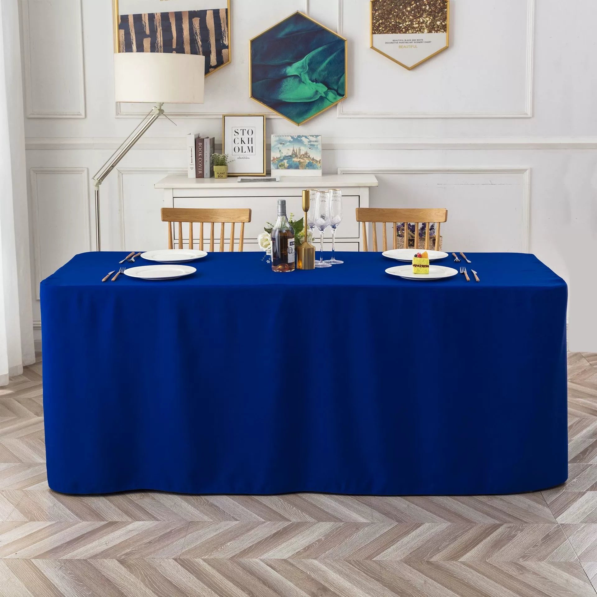 Full-Coverage Rectangular Dining Table - Durable, Washable Fabric - Suitable for Buffets, Parties, Weddings, and Trade Shows.