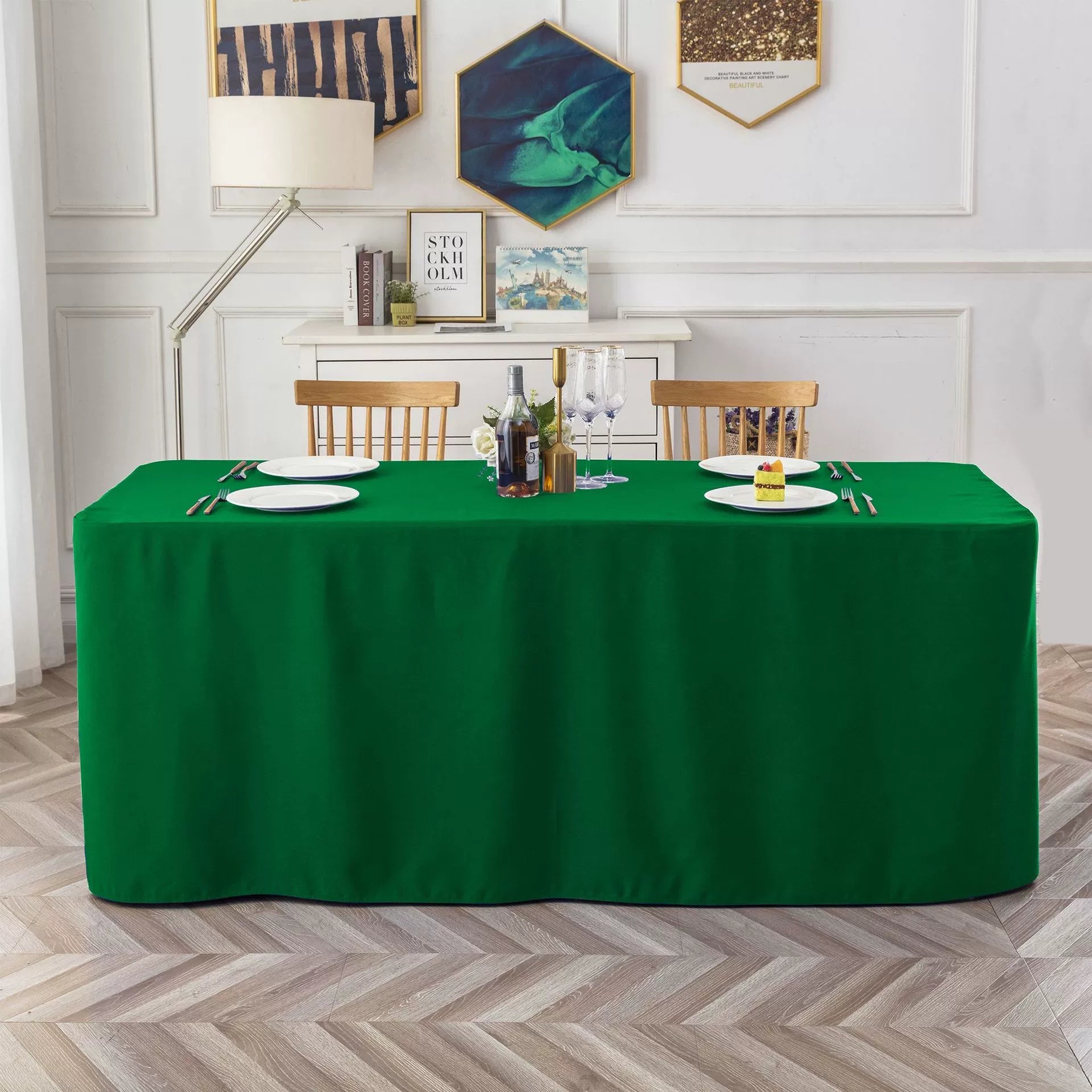 Full-Coverage Rectangular Dining Table - Durable, Washable Fabric - Suitable for Buffets, Parties, Weddings, and Trade Shows.