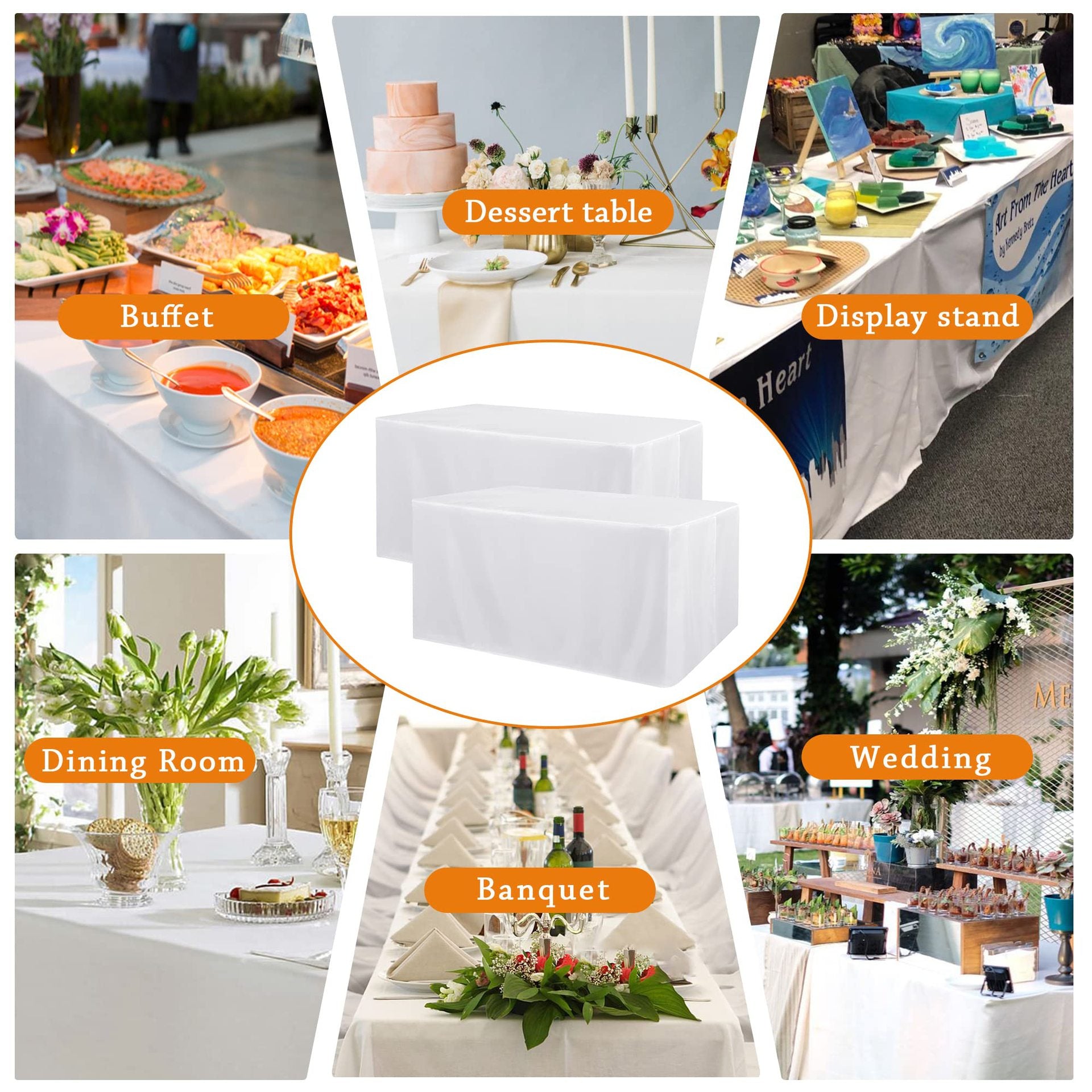 Full-Coverage Rectangular Dining Table - Durable, Washable Fabric - Suitable for Buffets, Parties, Weddings, and Trade Shows.