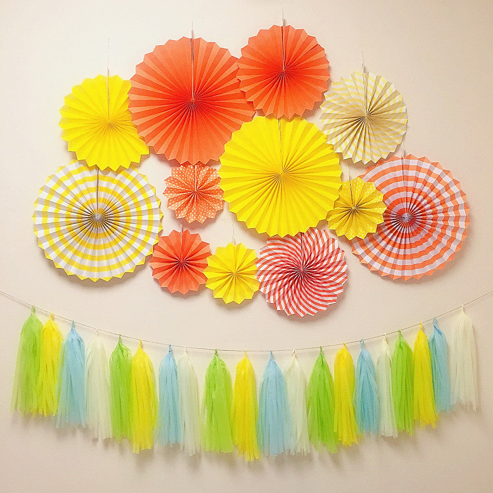 Set of 6 Black Hanging Paper Fan Decorations 8", 12", 16"
