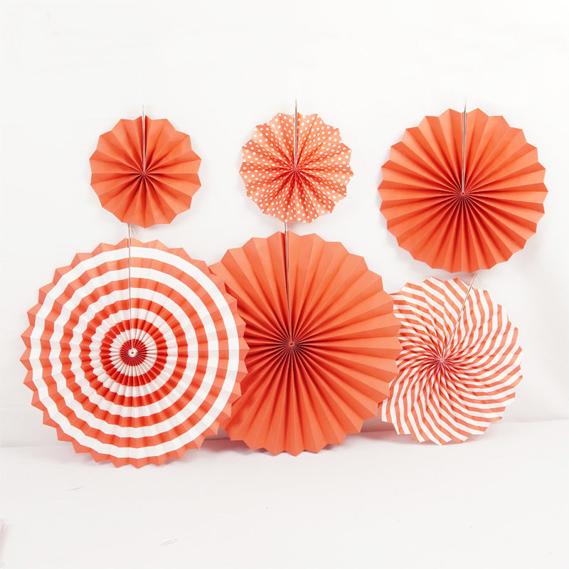 Set of 6 Party Hanging Paper Fans Orange