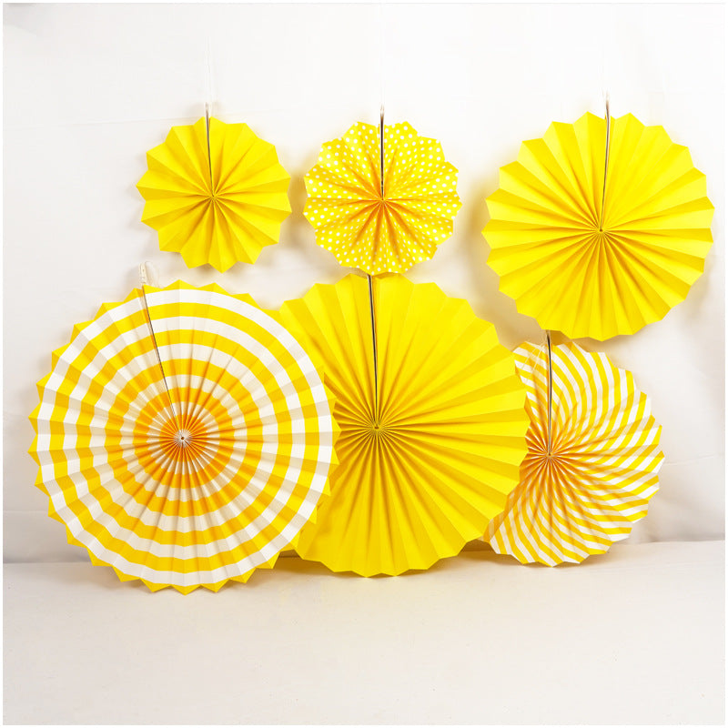 Set of 6 Party Hanging Paper Fans Yellow