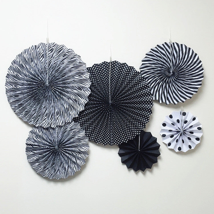 Set of 6 Party Hanging Paper Fans Black