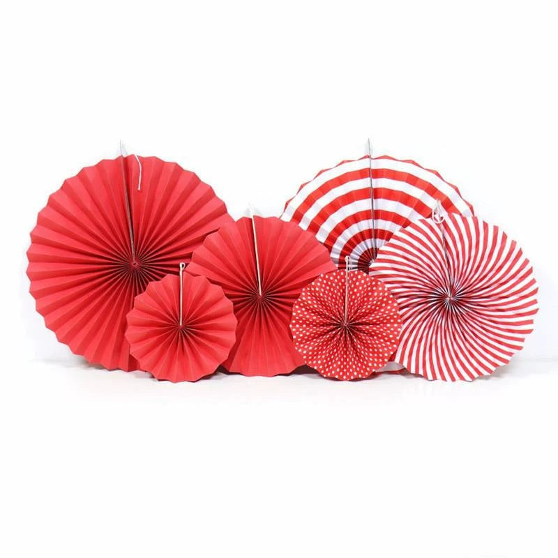 Set of 6 Party Hanging Paper Fans Red