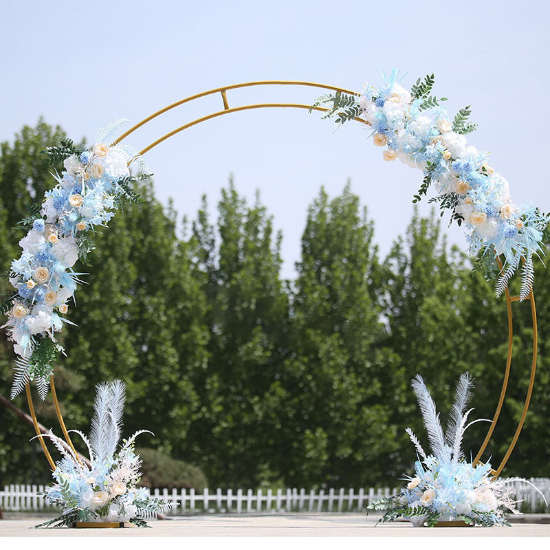 Gold Metal Double Hoop Wedding Arch Photo Backdrop Stand, Round Wedding Arbor Floral Balloon Frame 7.2ft