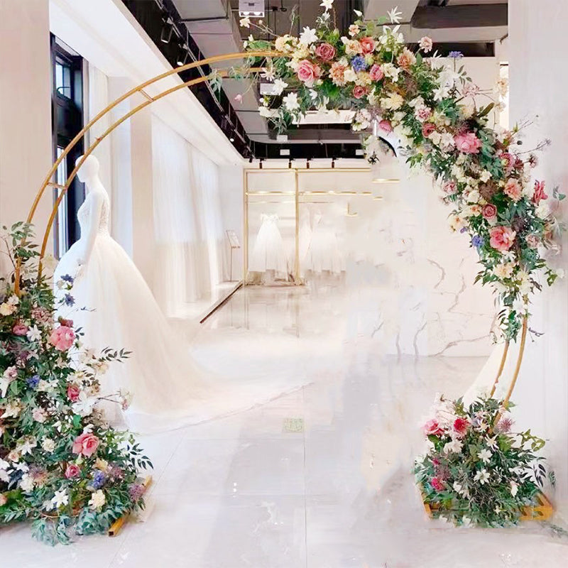 Gold Metal Double Hoop Wedding Arch Photo Backdrop Stand, Round Wedding Arbor Floral Balloon Frame 7.2ft