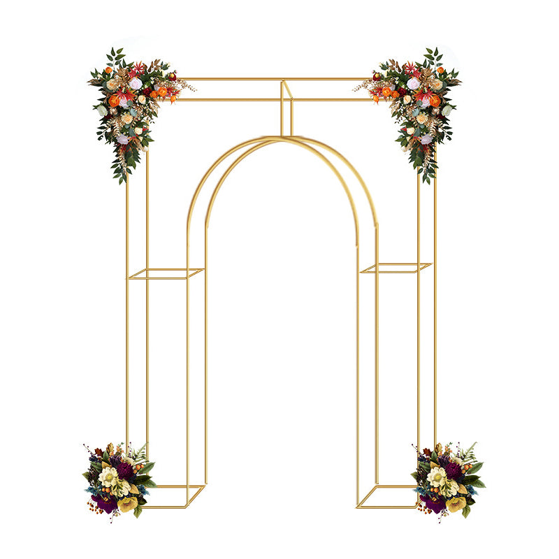 Heavy Duty Gold Metal Rectangular Wedding Arch in Arc de Triomphe Style, 3D Floral Balloon Frame Backdrop Stand - 8.5ft