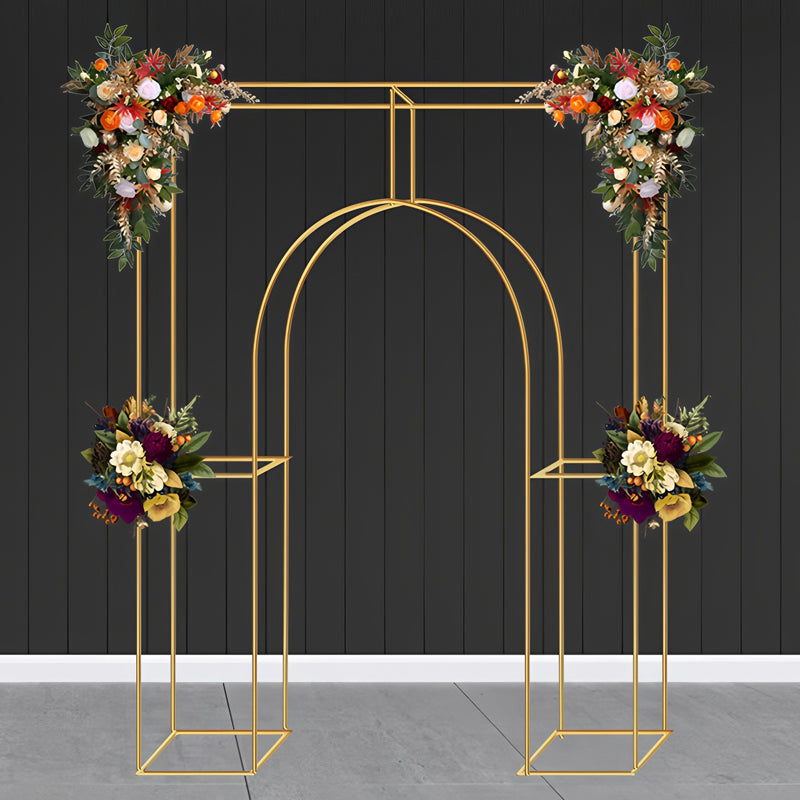 Heavy Duty Gold Metal Rectangular Wedding Arch in Arc de Triomphe Style, 3D Floral Balloon Frame Backdrop Stand - 8.5ft