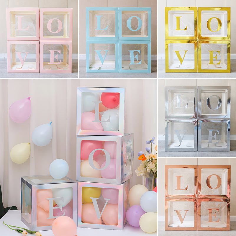 4 Pcs Love Transparent Balloon Boxes With Letters for Mother's Day, Valentine's Day Party Decorations, Proposal, Engagement, Wedding, Bridal Shower, Birthday