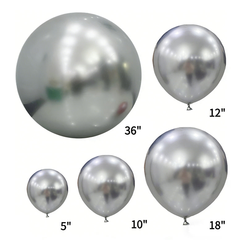 Metallic Silver Latex Balloons For Birthday Parties Weddings Baby Showers And Other Decorations Available In Multiple Sizes: 8Inch, 12Inch, 10Inch, And 5Inch.
