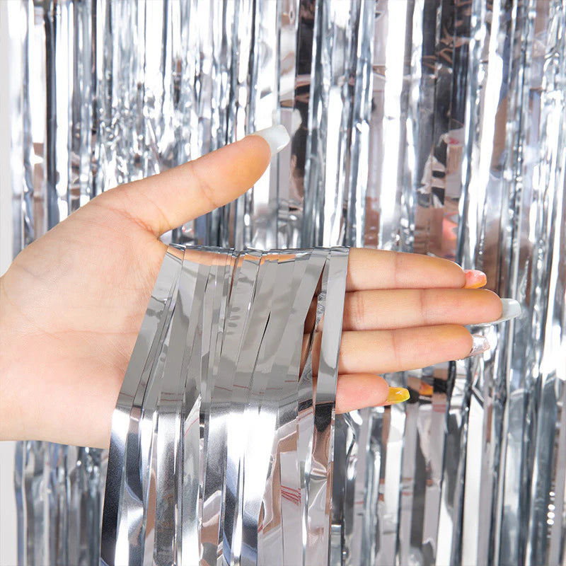 Metallic Foil Fringe Backdrop Curtain 7 ft Silver