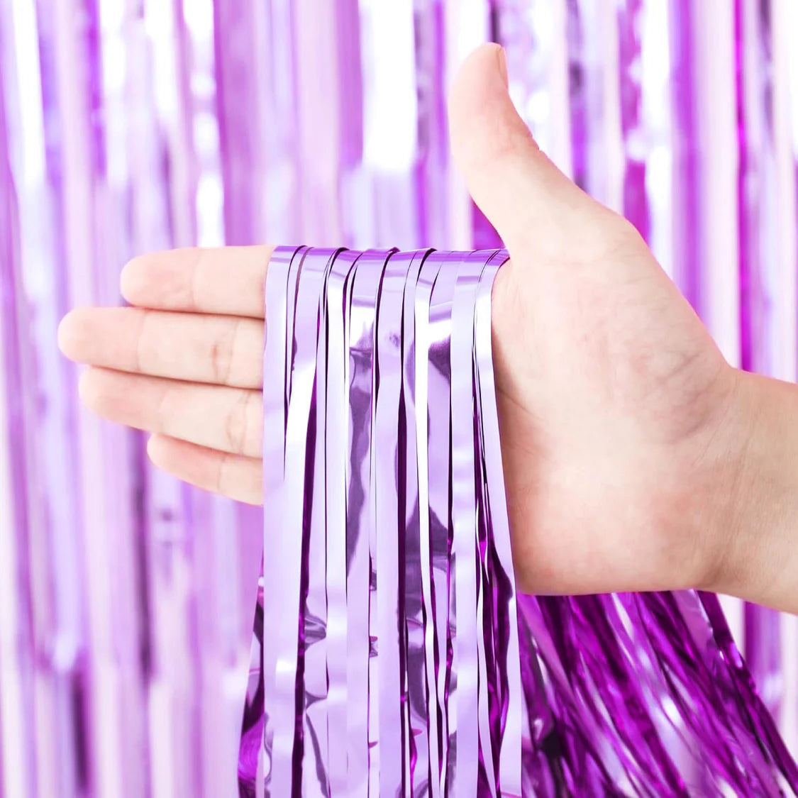 Metallic Foil Fringe Backdrop Curtain 7 ft Light Purple