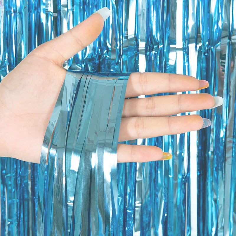 Metallic Foil Fringe Backdrop Curtain 7 ft Light Blue