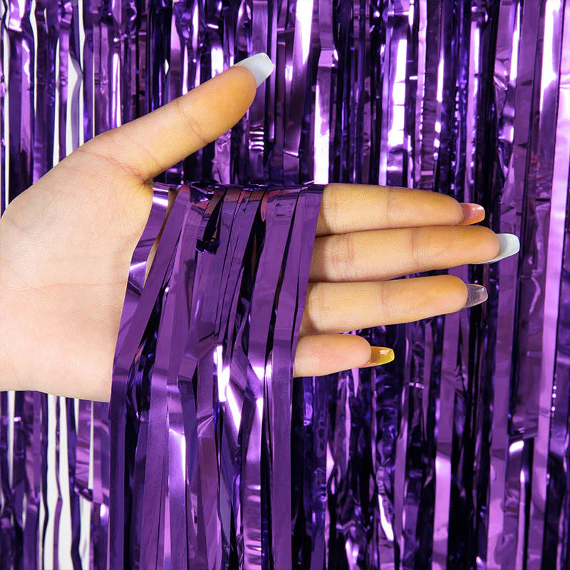 Metallic Foil Fringe Backdrop Curtain 7 ft Purple