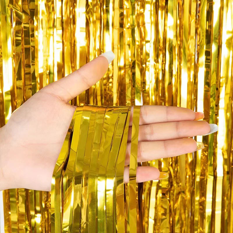 Metallic Foil Fringe Backdrop Curtain 7 ft Gold