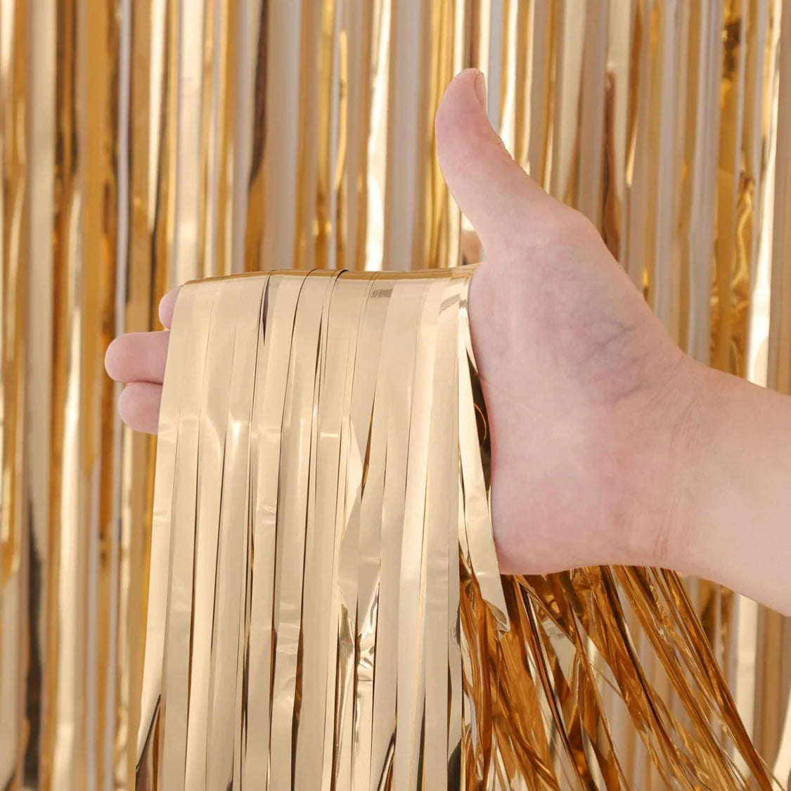 Metallic Foil Fringe Backdrop Curtain 7 ft Champagne Gold
