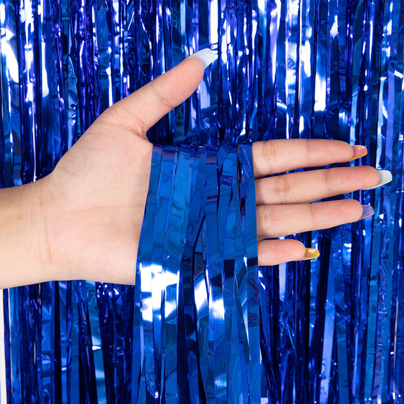 Metallic Foil Fringe Backdrop Curtain 7 ft Blue
