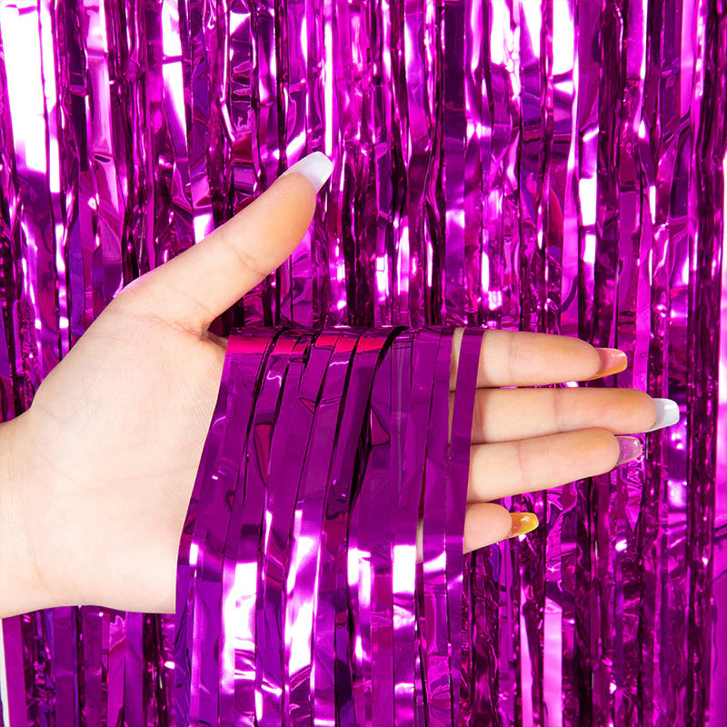 Metallic Foil Fringe Backdrop Curtain 7 ft Rose Red