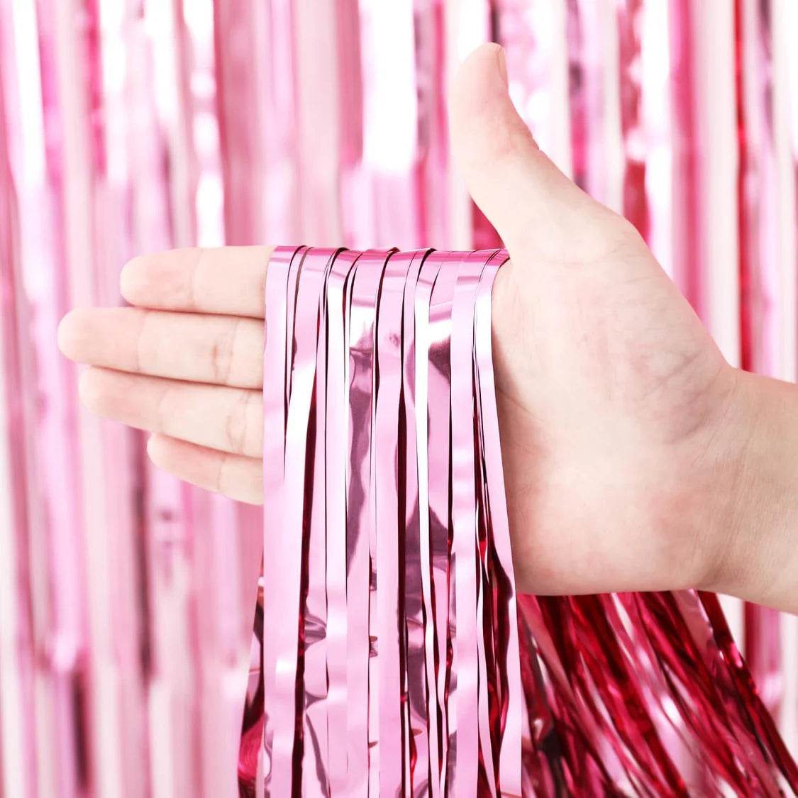 Metallic Foil Fringe Backdrop Curtain 7 ft Pink