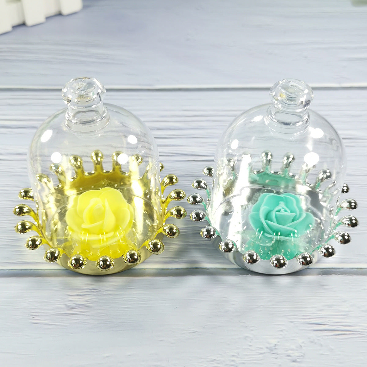 12 Pc Clear Mini Crown Jar Candy Container Gift Boxes 4" Silver