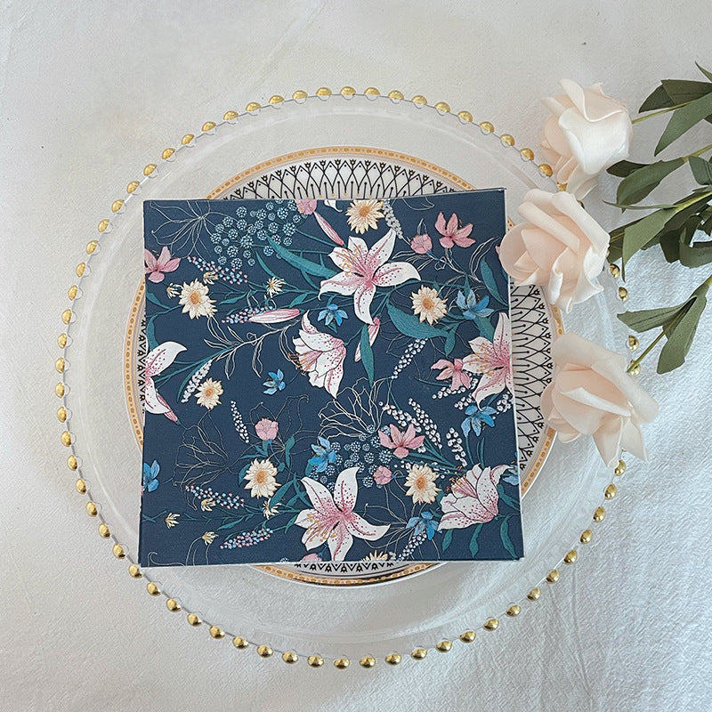 20 Pcs Paper Beverage Napkins 2 Ply Navy Blue with Water Lily Floral Design 6.5"x6.5"