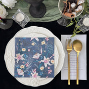 20 Pcs Paper Beverage Napkins 2 Ply Navy Blue with Water Lily Floral Design 6.5"x6.5"