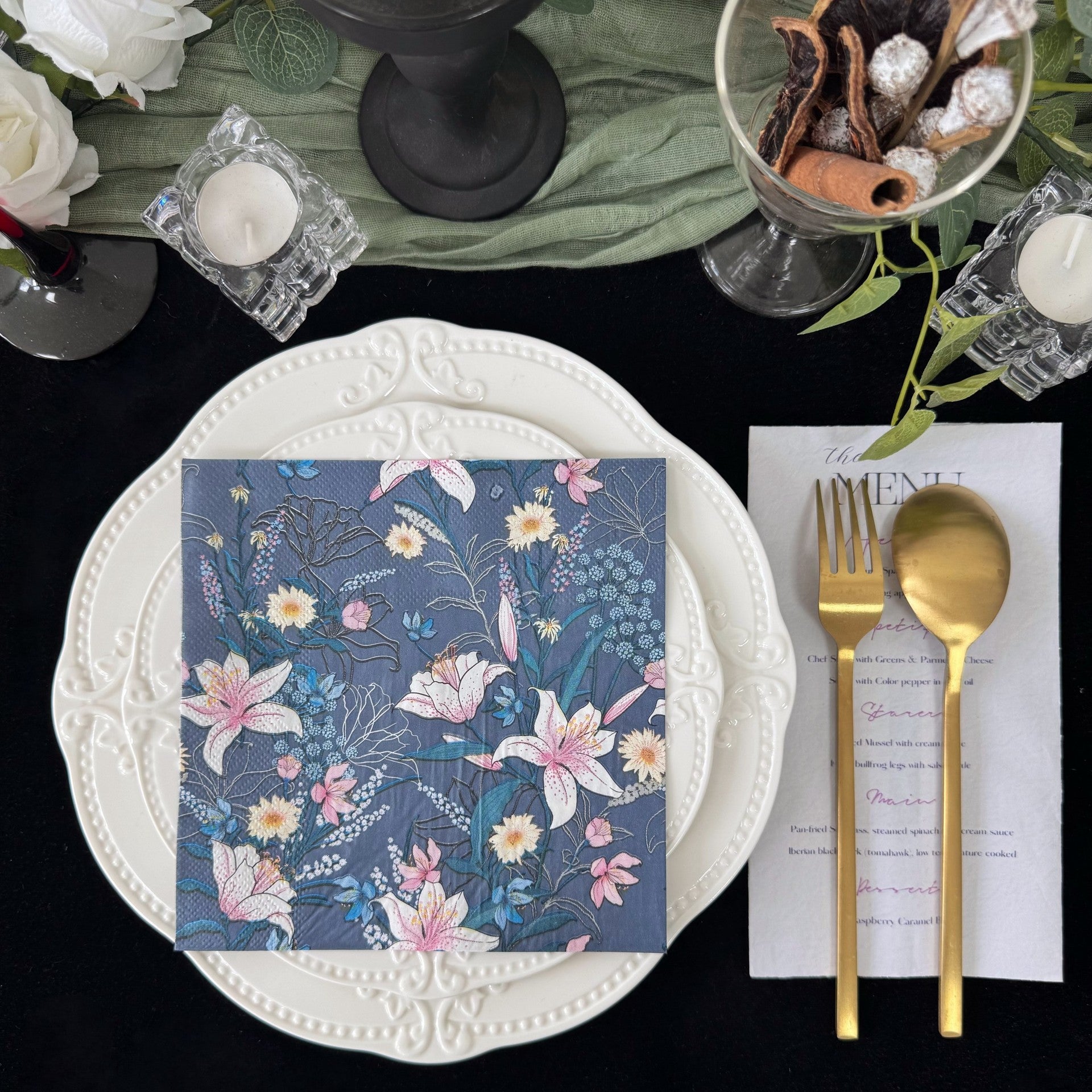 20 Pcs Paper Beverage Napkins 2 Ply Navy Blue with Water Lily Floral Design 6.5"x6.5"