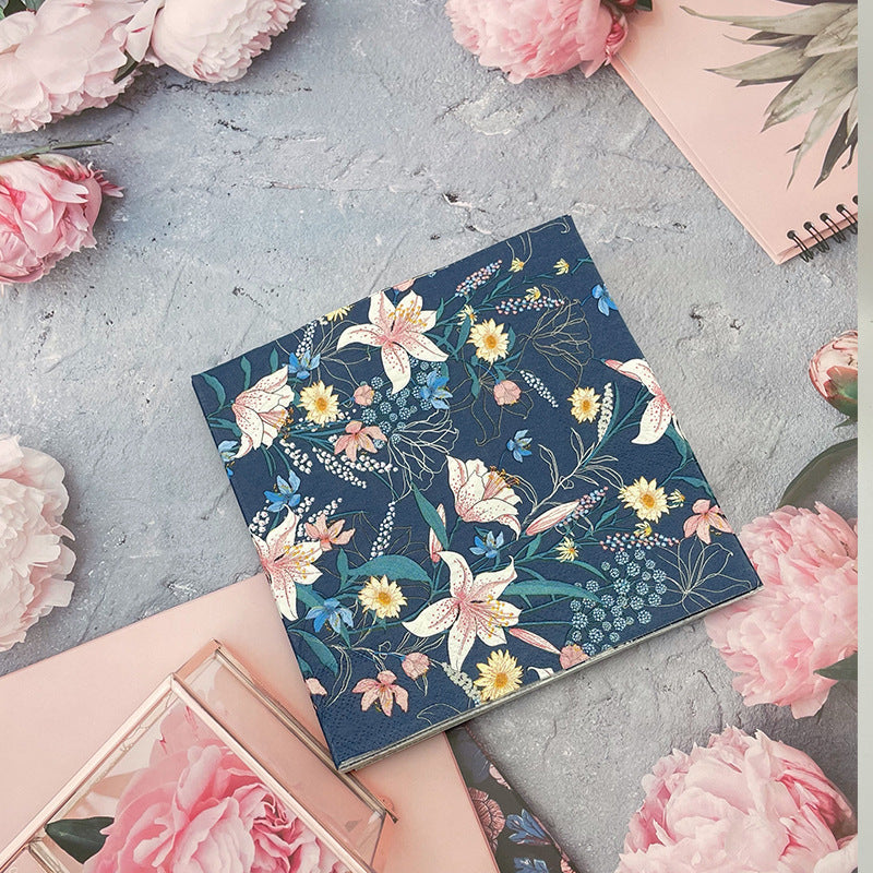 20 Pcs Paper Beverage Napkins 2 Ply Navy Blue with Water Lily Floral Design 6.5"x6.5"
