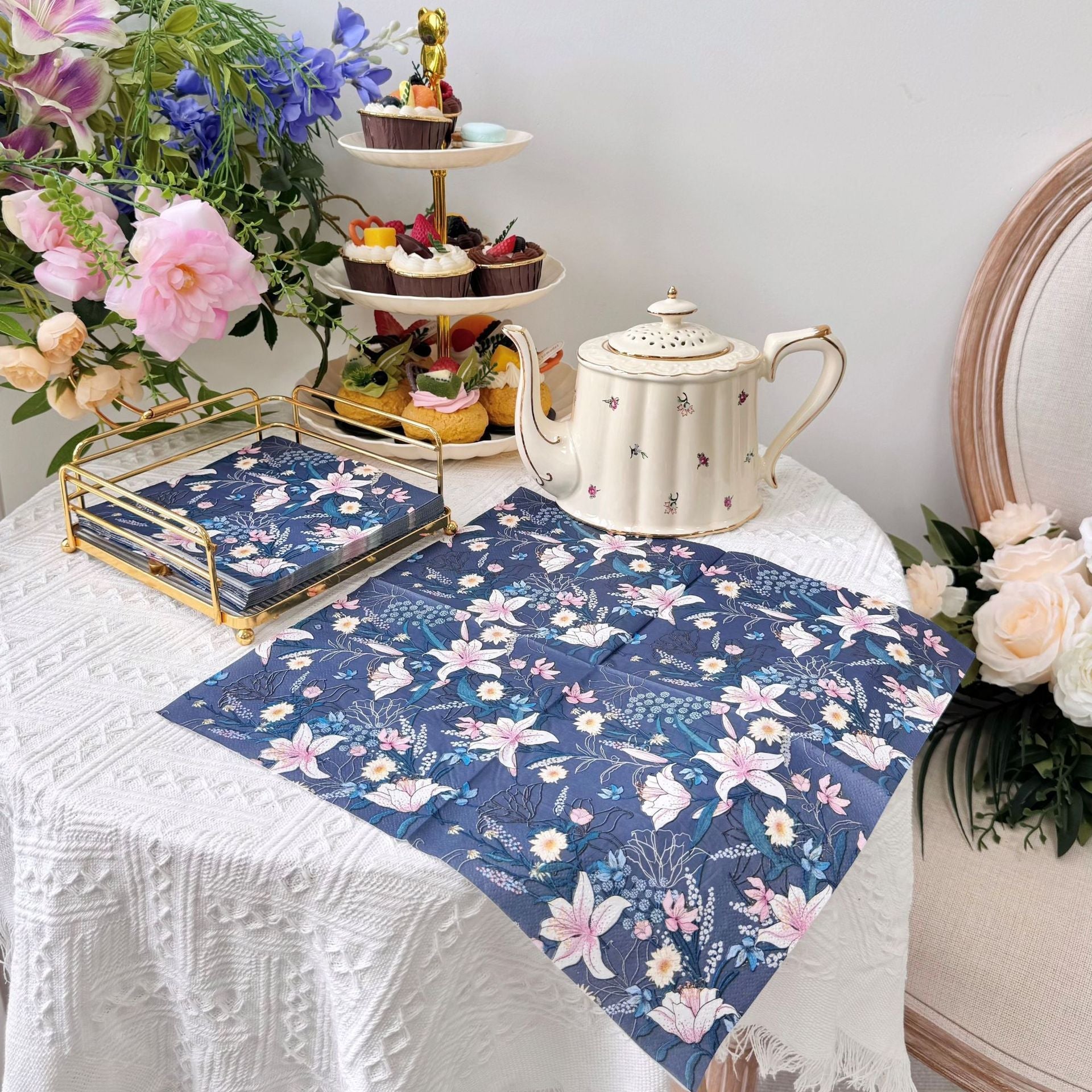 20 Pcs Paper Beverage Napkins 2 Ply Navy Blue with Water Lily Floral Design 6.5"x6.5"