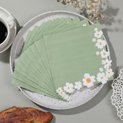 20 Pcs Paper Beverage Napkins 2 Ply Sage Green with Daisy Flower Design 6.5"x6.5"