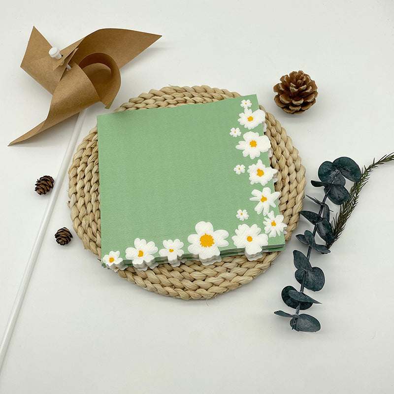 20 Pcs Paper Beverage Napkins 2 Ply Sage Green with Daisy Flower Design 6.5"x6.5"