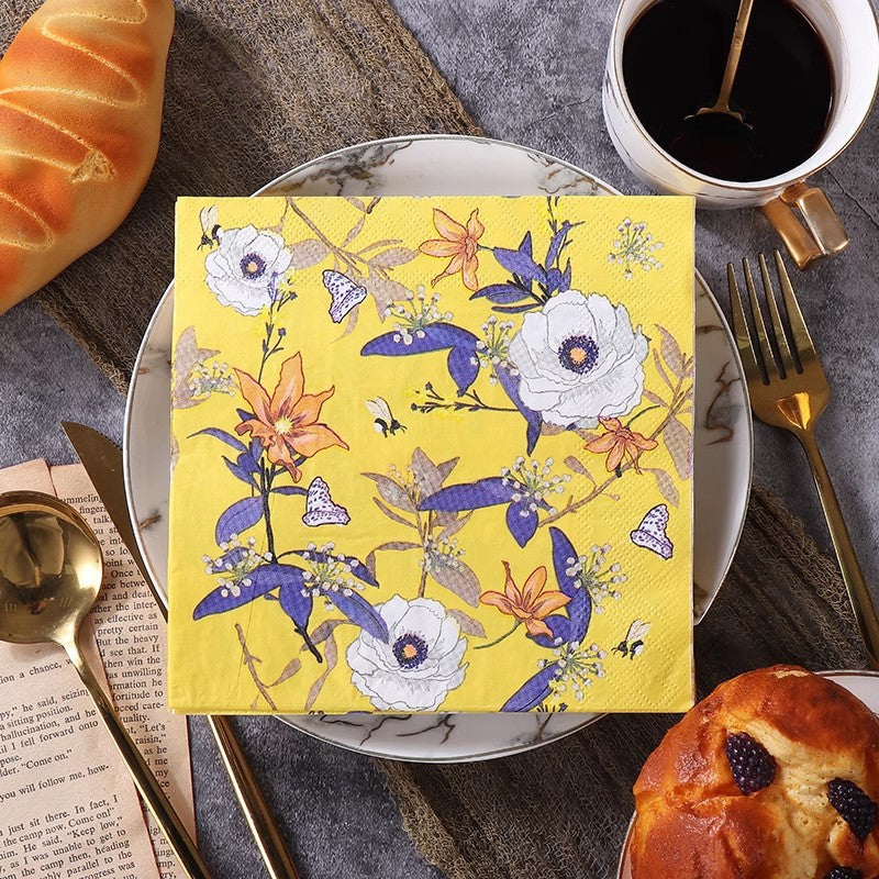 20 Pcs Paper Beverage Napkins 2 Ply Bright Yellow with Blooming Flowers Design 6.5"x6.5"