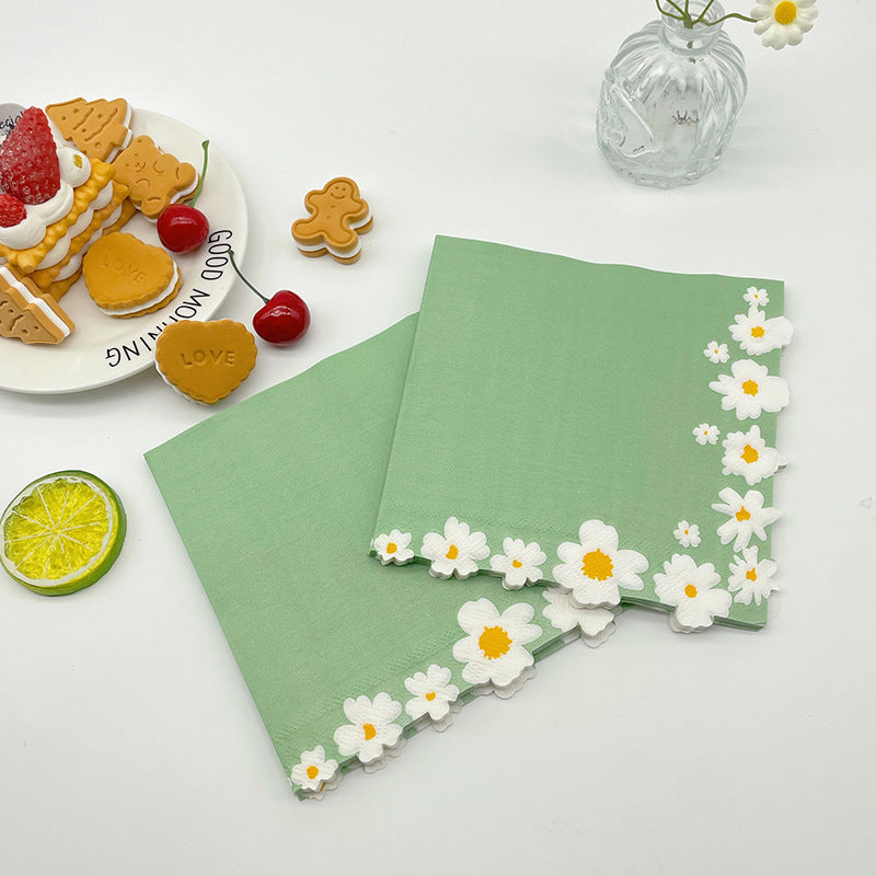 20 Pcs Paper Beverage Napkins 2 Ply Sage Green with Daisy Flower Design 6.5"x6.5"