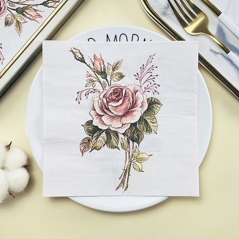 20 Pcs Paper Beverage Napkins 2 Ply Pink/Ivory with Vintage Rose Design 6.5"x6.5"