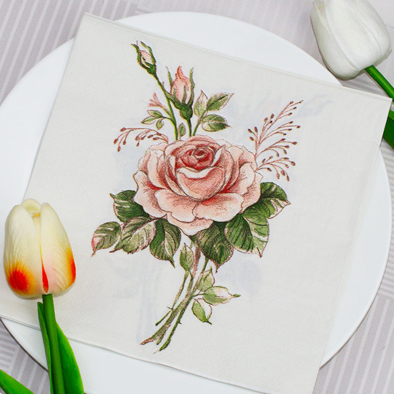 20 Pcs Paper Beverage Napkins 2 Ply Pink/Ivory with Vintage Rose Design 6.5"x6.5"