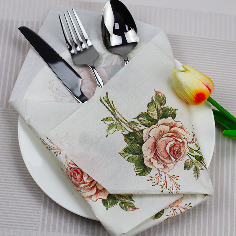 20 Pcs Paper Beverage Napkins 2 Ply Pink/Ivory with Vintage Rose Design 6.5"x6.5"