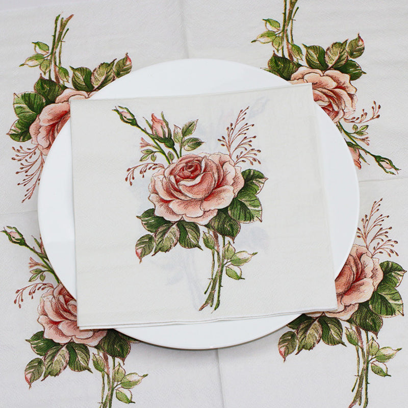 20 Pcs Paper Beverage Napkins 2 Ply Pink/Ivory with Vintage Rose Design 6.5"x6.5"