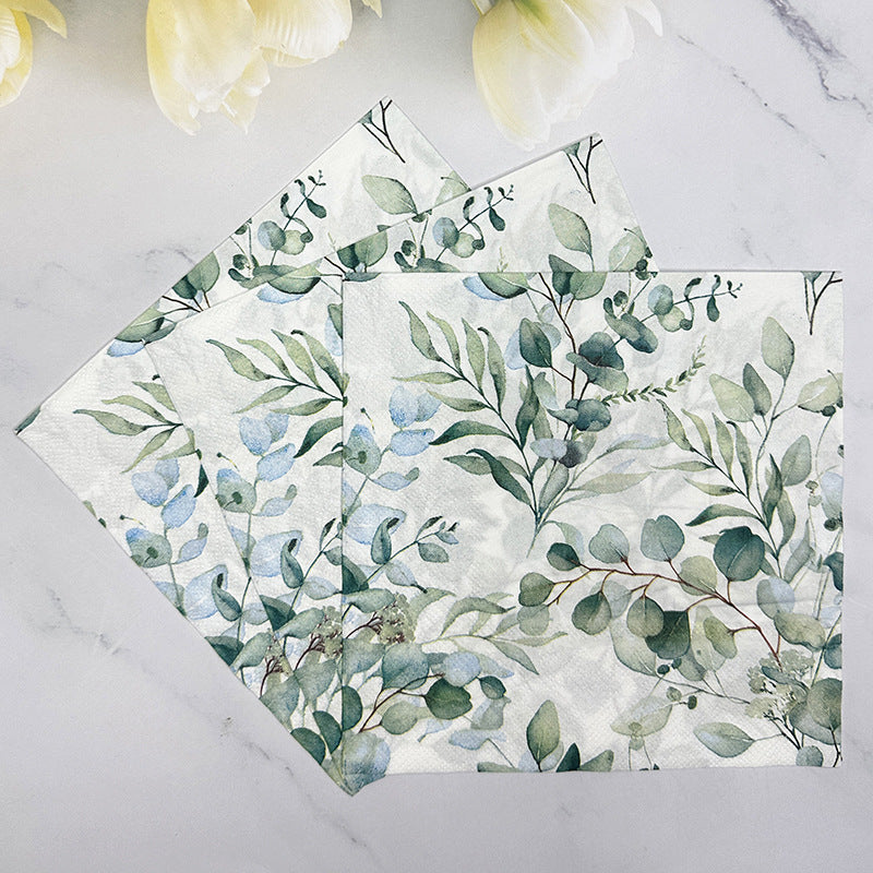20 Pcs Paper Beverage Napkins 2 Ply Green with Foliage Eucalyptus Leaves Design 6.5"x6.5"