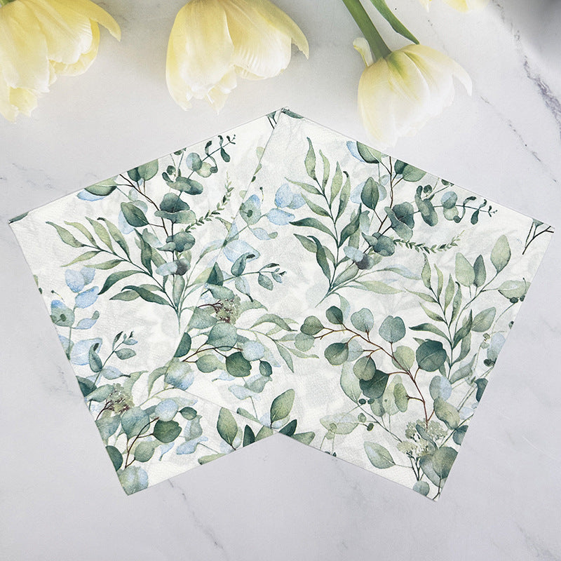 20 Pcs Paper Beverage Napkins 2 Ply Green with Foliage Eucalyptus Leaves Design 6.5"x6.5"