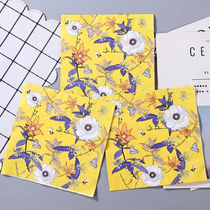 20 Pcs Paper Beverage Napkins 2 Ply Bright Yellow with Blooming Flowers Design 6.5"x6.5"