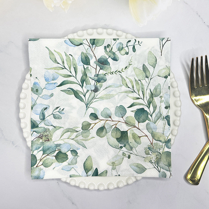 20 Pcs Paper Beverage Napkins 2 Ply Green with Foliage Eucalyptus Leaves Design 6.5"x6.5"