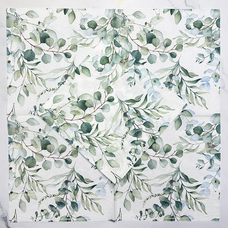 20 Pcs Paper Beverage Napkins 2 Ply Green with Foliage Eucalyptus Leaves Design 6.5"x6.5"