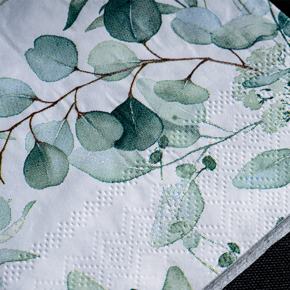 20 Pcs Paper Beverage Napkins 2 Ply Green with Foliage Eucalyptus Leaves Design 6.5"x6.5"