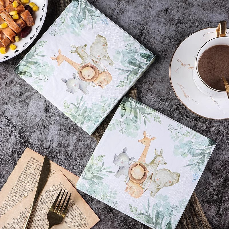 20 Pcs Paper Beverage Napkins 2 Ply with Safari Animal Print 6.5"x6.5"