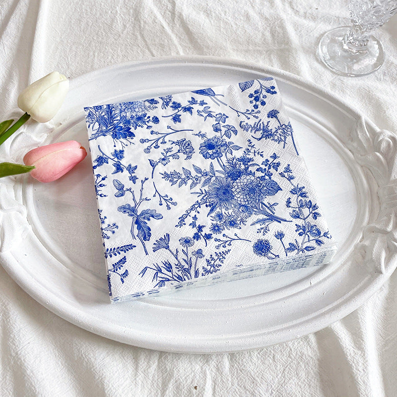 20 Pcs Paper Beverage Napkins 2 Ply White/Blue with French Toile Print 6.5"x6.5"