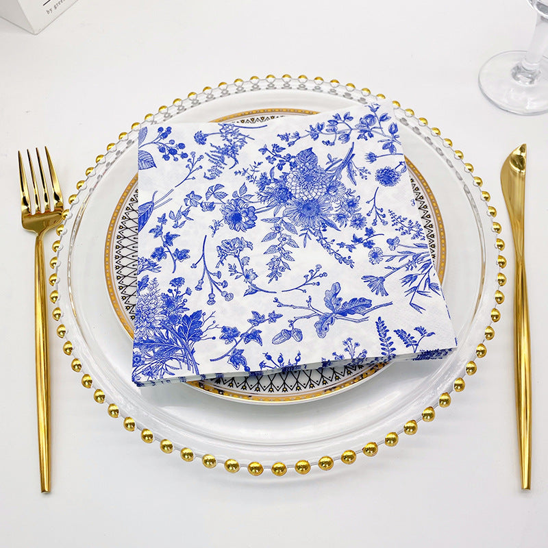 20 Pcs Paper Beverage Napkins 2 Ply White/Blue with French Toile Print 6.5"x6.5"